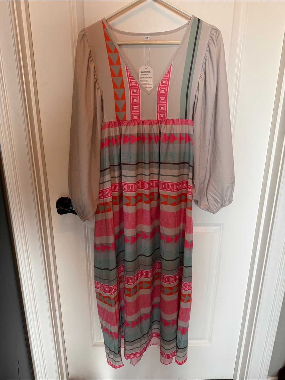 Vibrant Geo-Print Maxi Dress in Gray, Pink & Mint